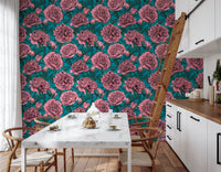 Romantic Teal Peony Botanical Wallpaper Wallpaper⁠