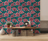Romantic Teal Peony Botanical Wallpaper Wallpaper⁠