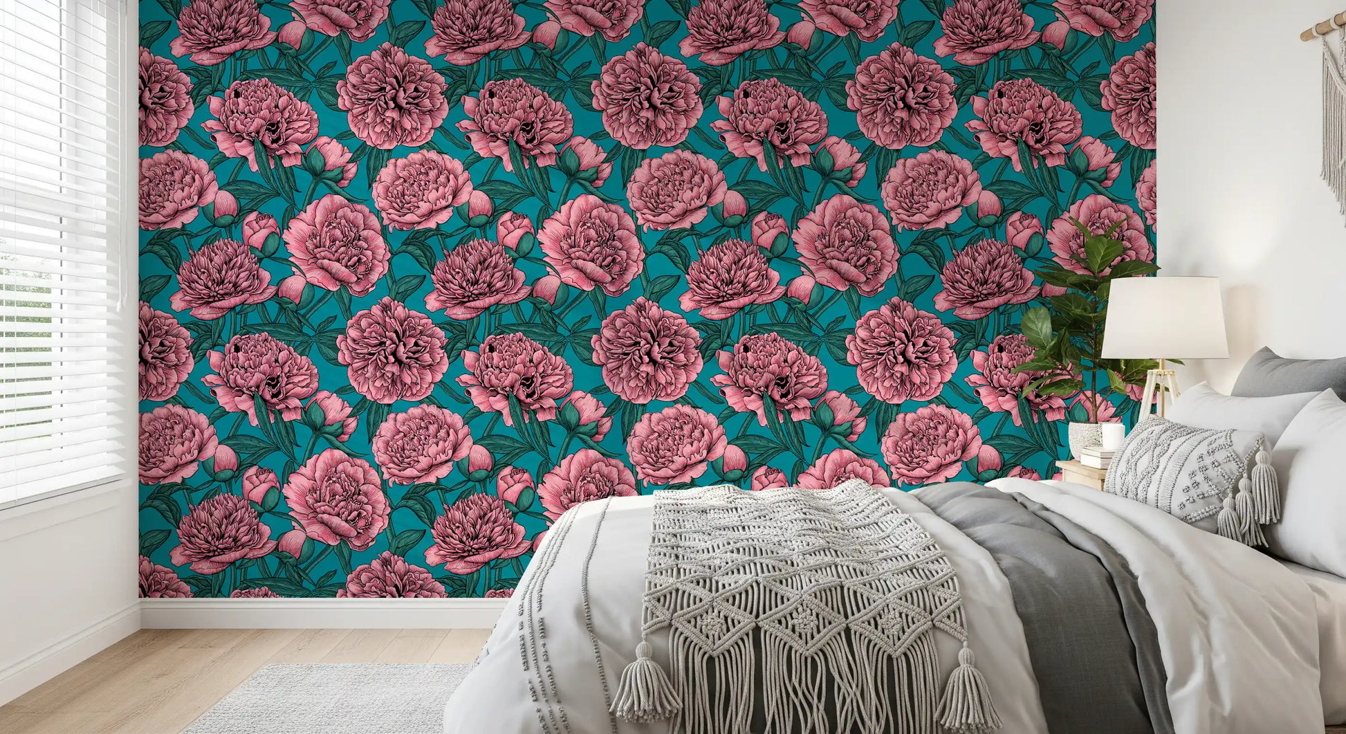 Romantic Teal Peony Botanical Wallpaper Wallpaper⁠