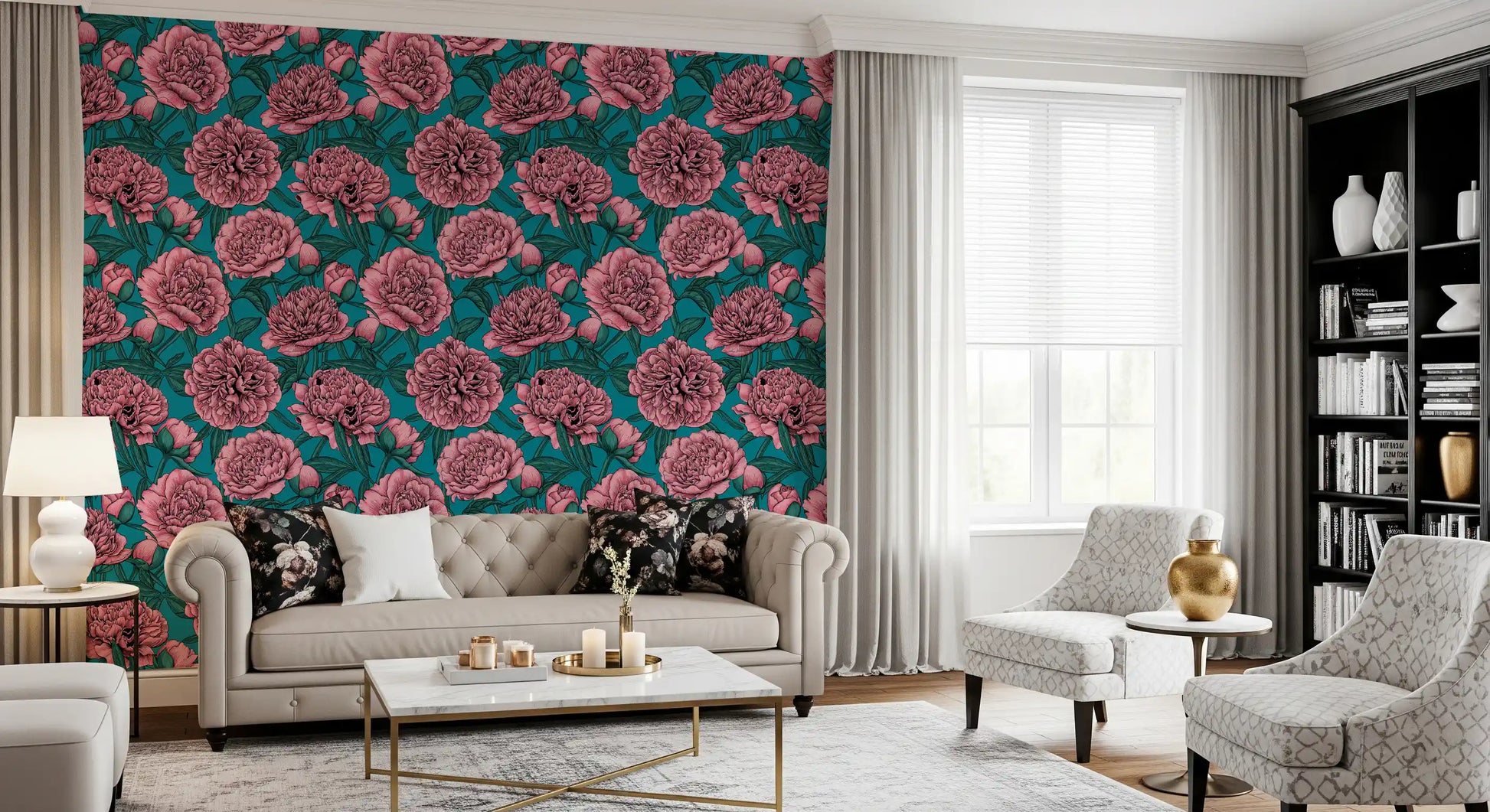Romantic Teal Peony Botanical Wallpaper Wallpaper⁠