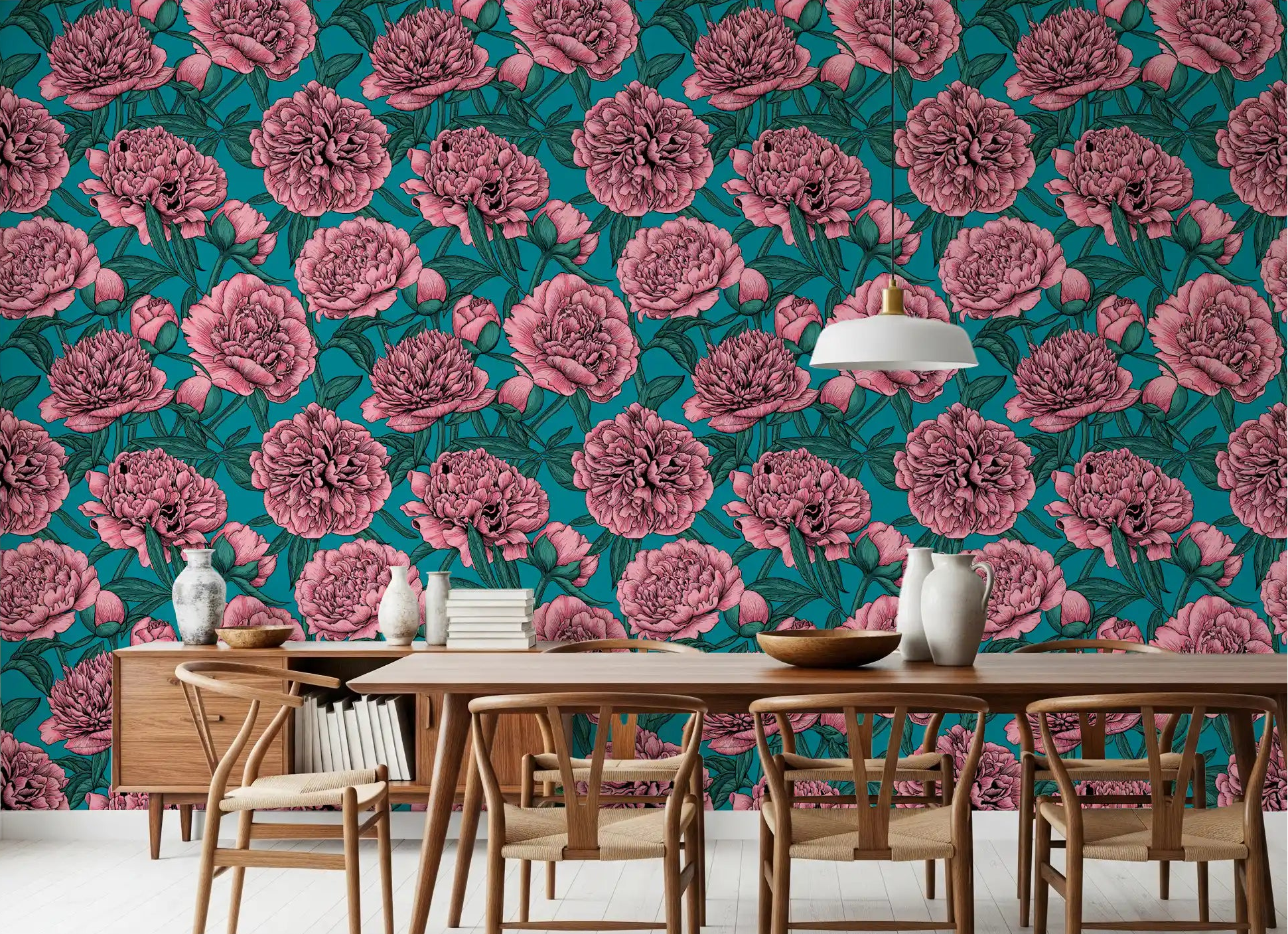 Pink floral botanical pattern wallpaper shown across a dining room wall.