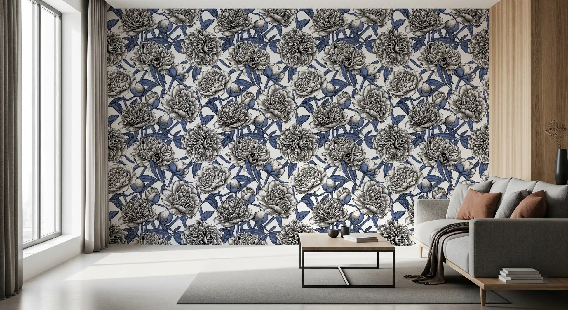 Vintage Blue and Cream Engraved Peonies Wallpaper Wallpaper⁠