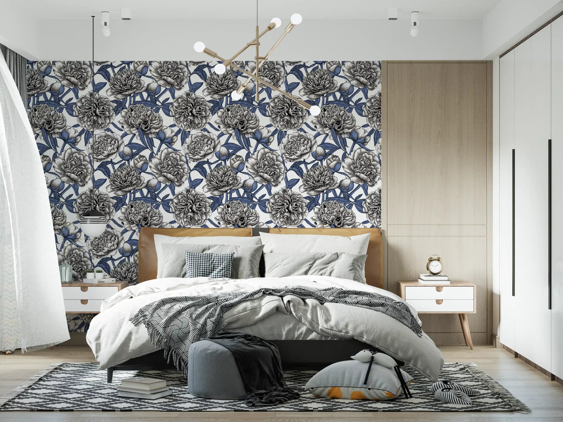 Vintage Blue and Cream Engraved Peonies Wallpaper Wallpaper⁠
