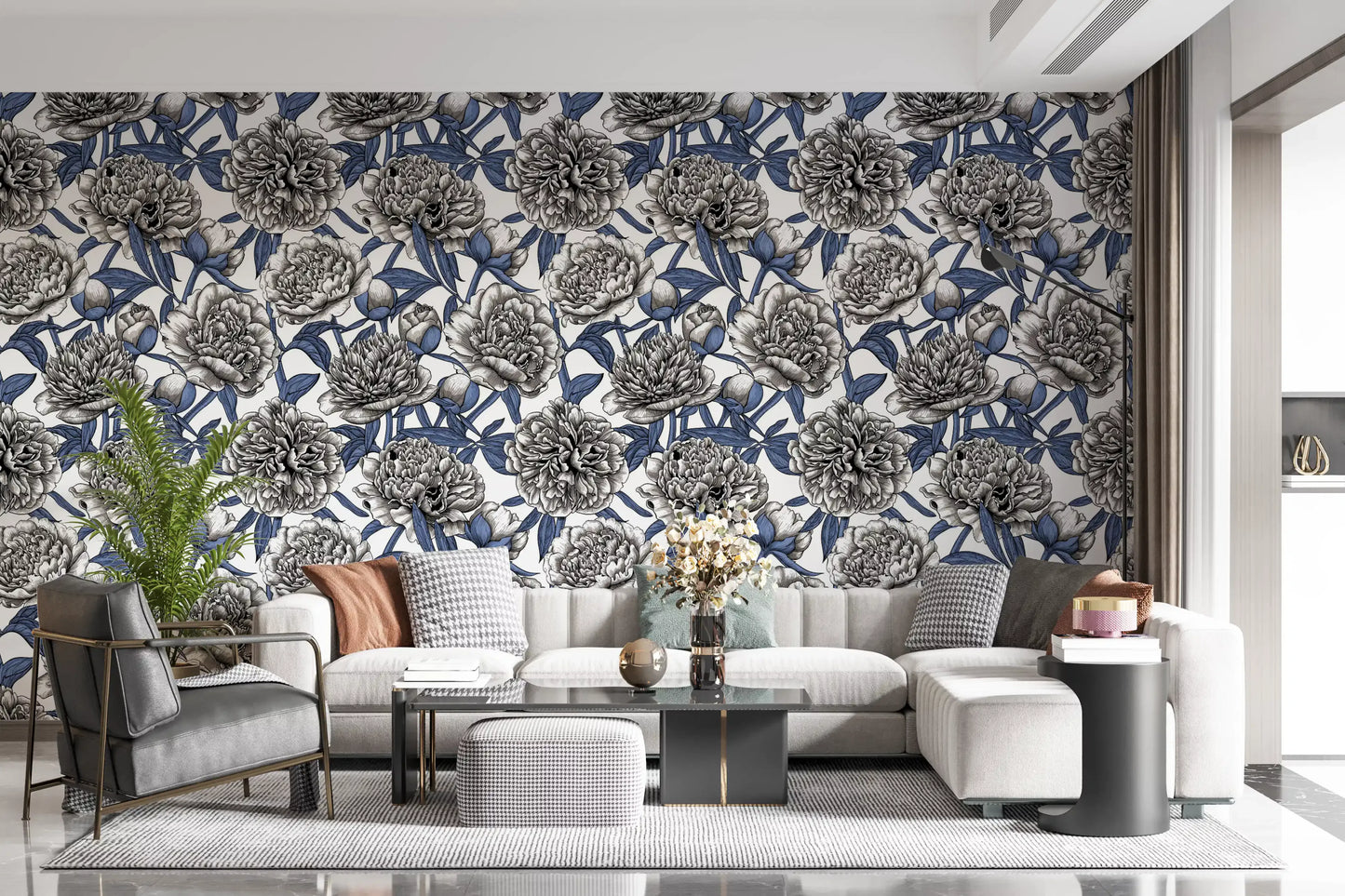 Vintage Blue and Cream Engraved Peonies Wallpaper Wallpaper⁠