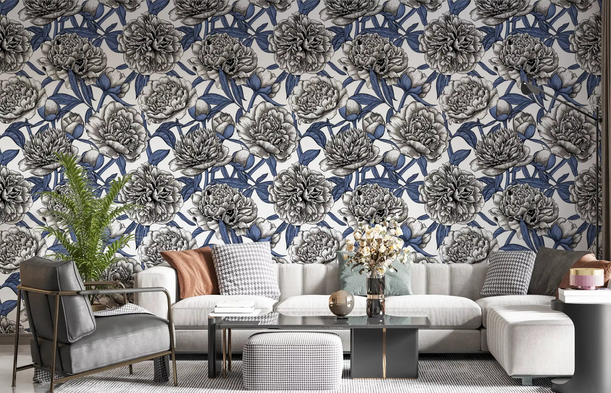 Vintage floral pattern wallpaper shown across a bright living room wall. GD10663