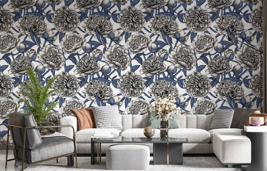 Vintage floral pattern wallpaper shown across a bright living room wall.