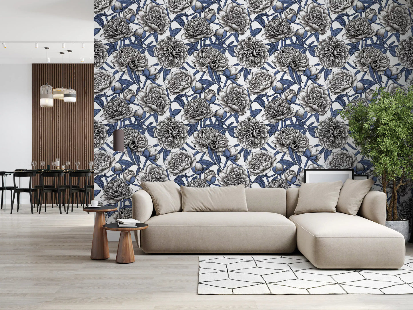 Vintage Blue and Cream Engraved Peonies Wallpaper Wallpaper⁠