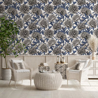 Vintage Blue and Cream Engraved Peonies Wallpaper Wallpaper⁠