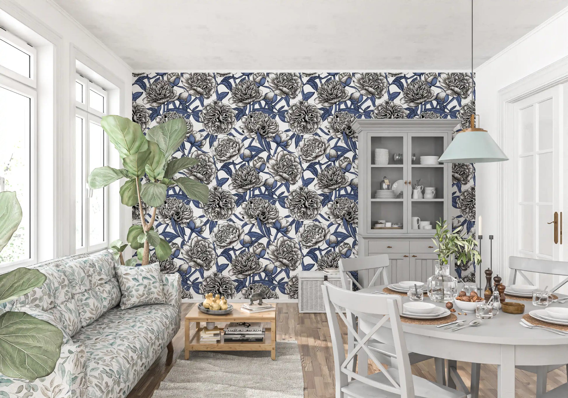 Vintage Blue and Cream Engraved Peonies Wallpaper Wallpaper⁠