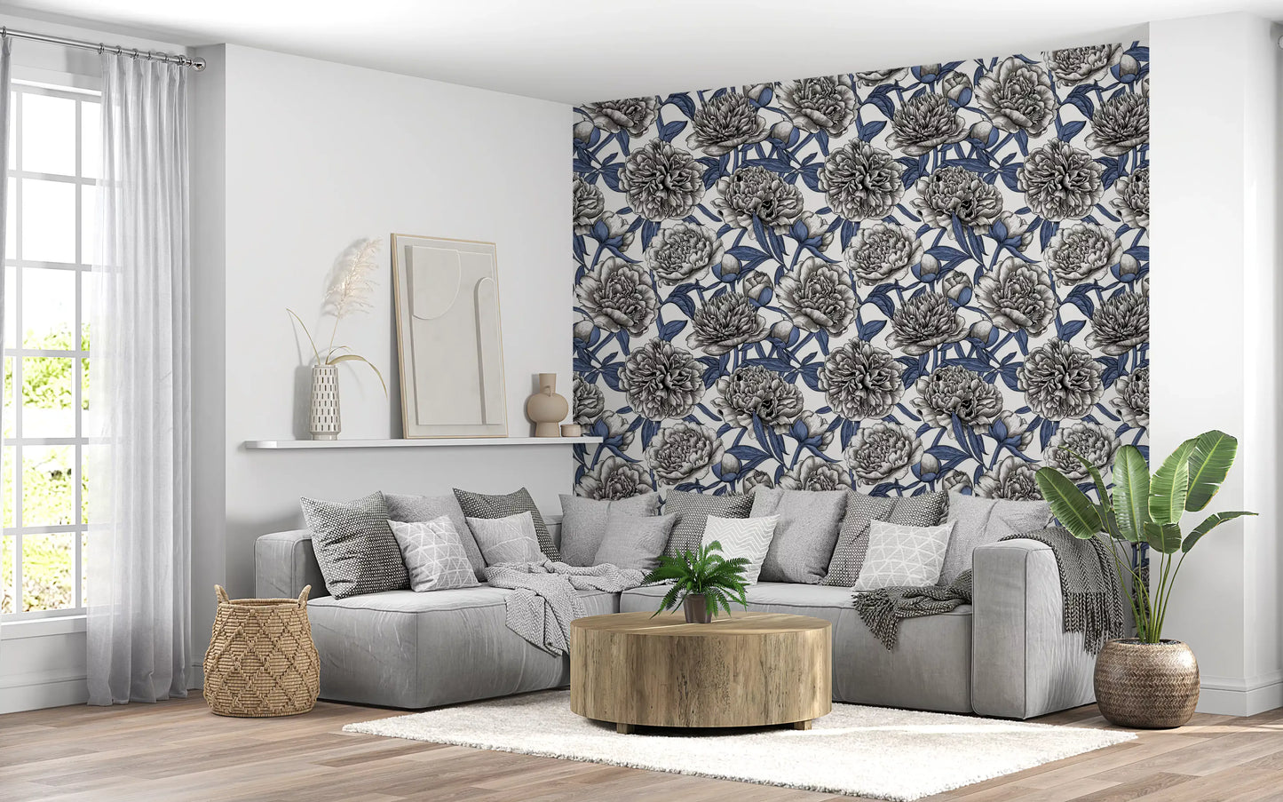 Vintage Blue and Cream Engraved Peonies Wallpaper Wallpaper⁠