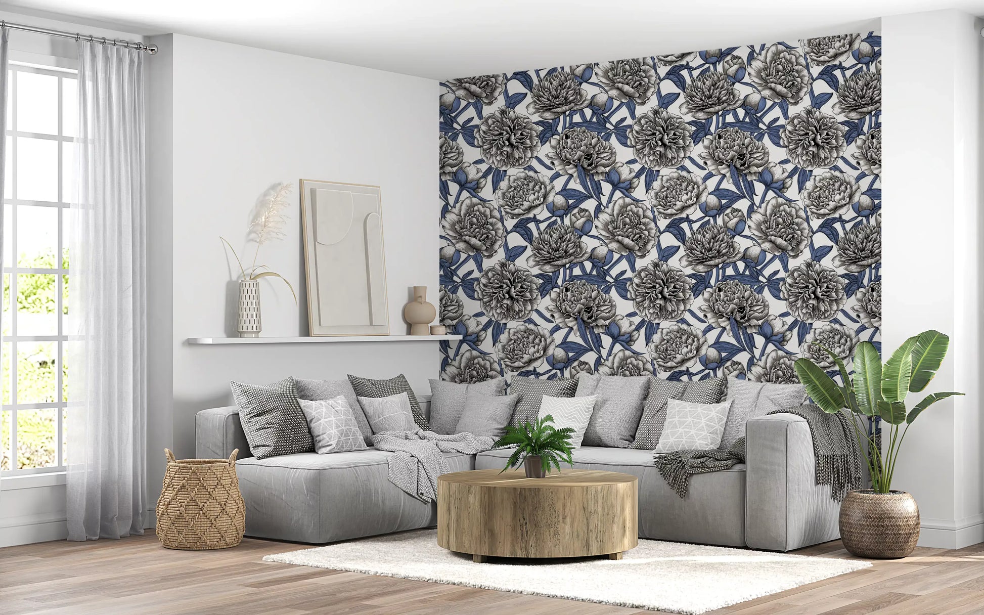 Vintage Blue and Cream Engraved Peonies Wallpaper Wallpaper⁠