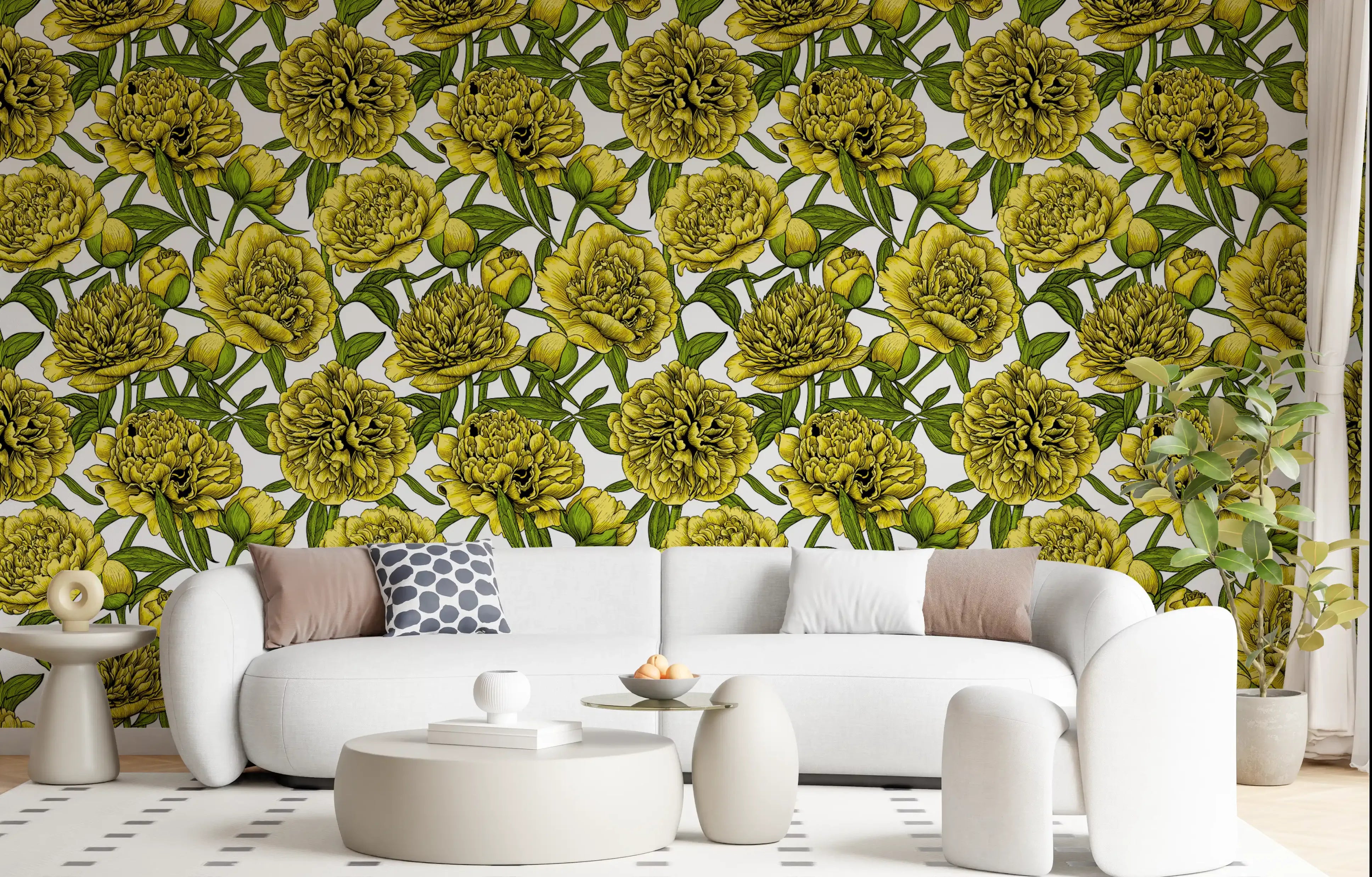Yellow floral botanical pattern wallpaper shown across a living room wall.