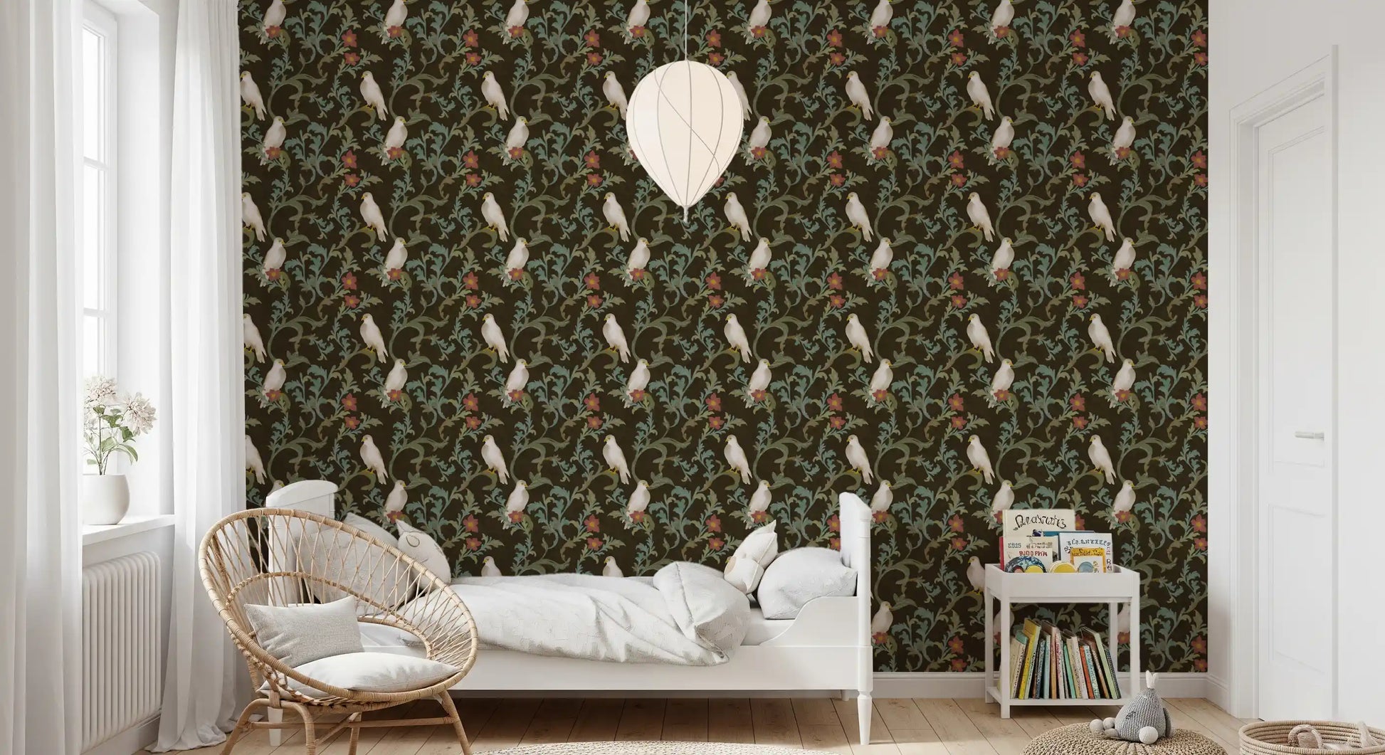 Midnight Forest Birds and Floral Scroll Wallpaper