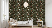 Midnight Forest Birds and Floral Scroll Wallpaper