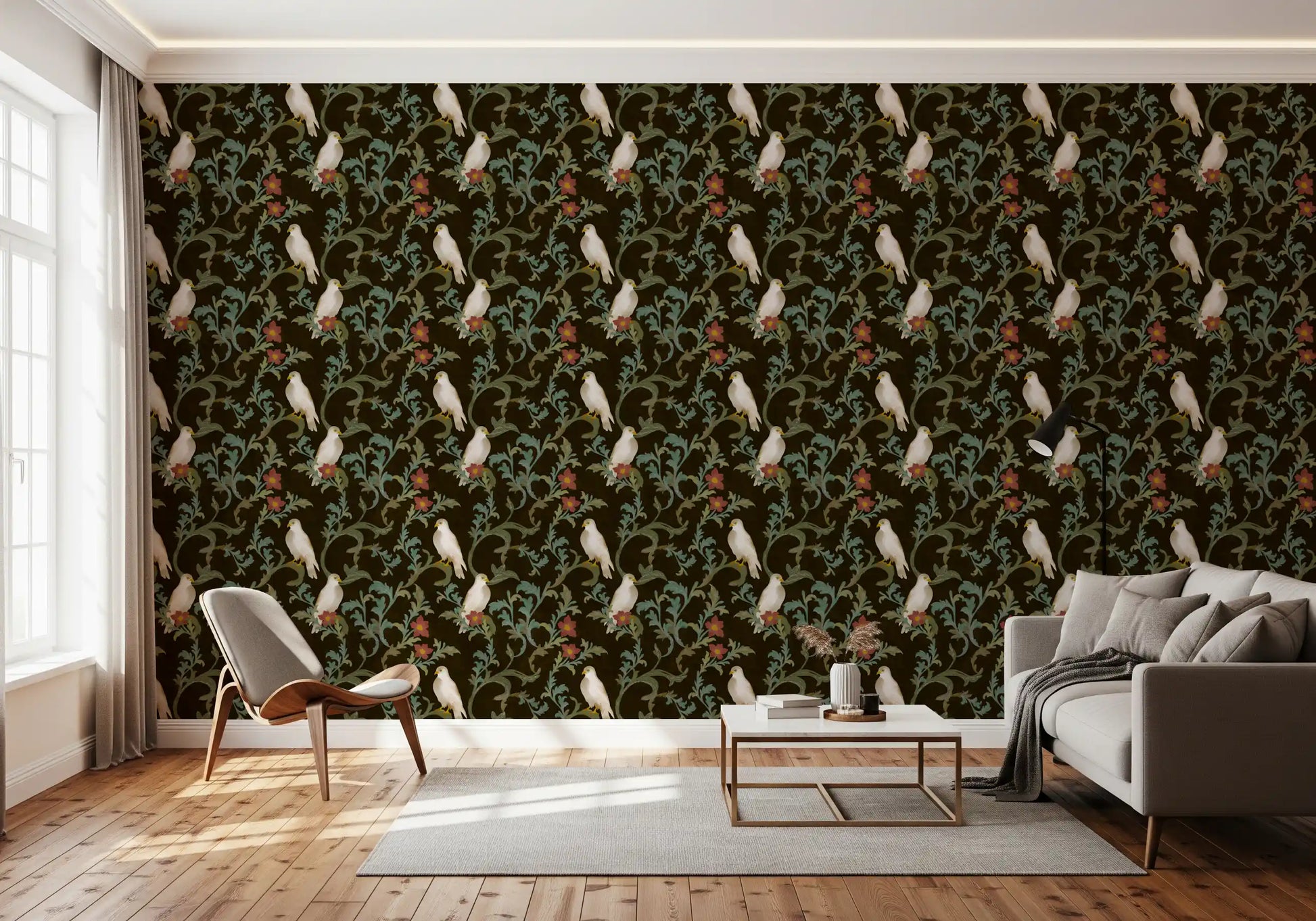 Midnight Forest Birds and Floral Scroll Wallpaper