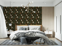 Midnight Forest Birds and Floral Scroll Wallpaper