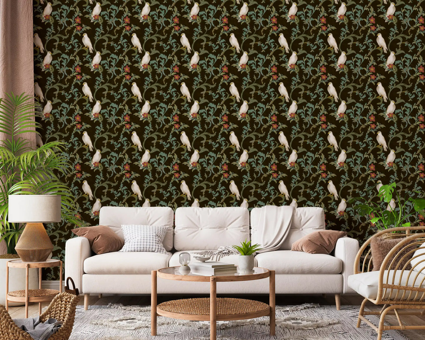 Midnight Forest Birds and Floral Scroll Wallpaper