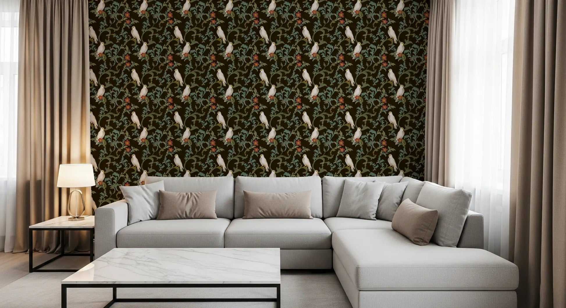 Midnight Forest Birds and Floral Scroll Wallpaper