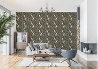 Midnight Forest Birds and Floral Scroll Wallpaper