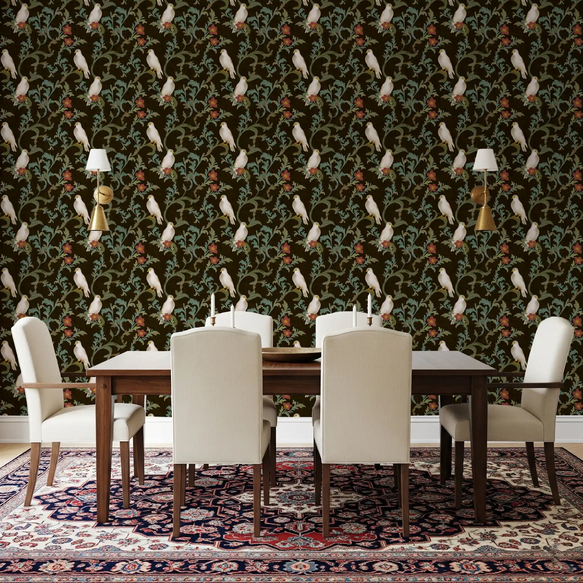Midnight Forest Birds and Floral Scroll Wallpaper