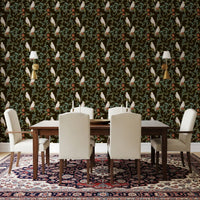Midnight Forest Birds and Floral Scroll Wallpaper
