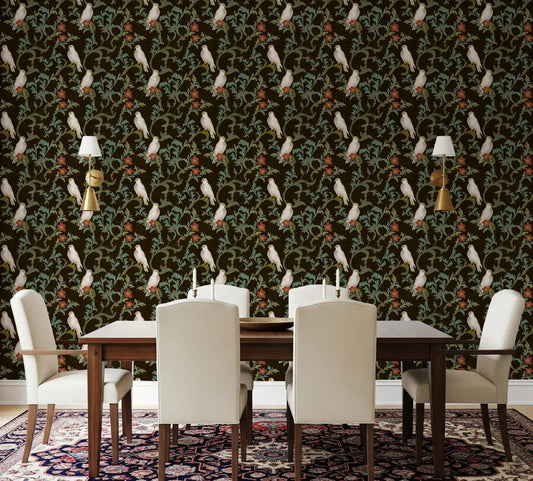 Dining room with midnight forest birds and scrolling botanical wallpaper pattern.