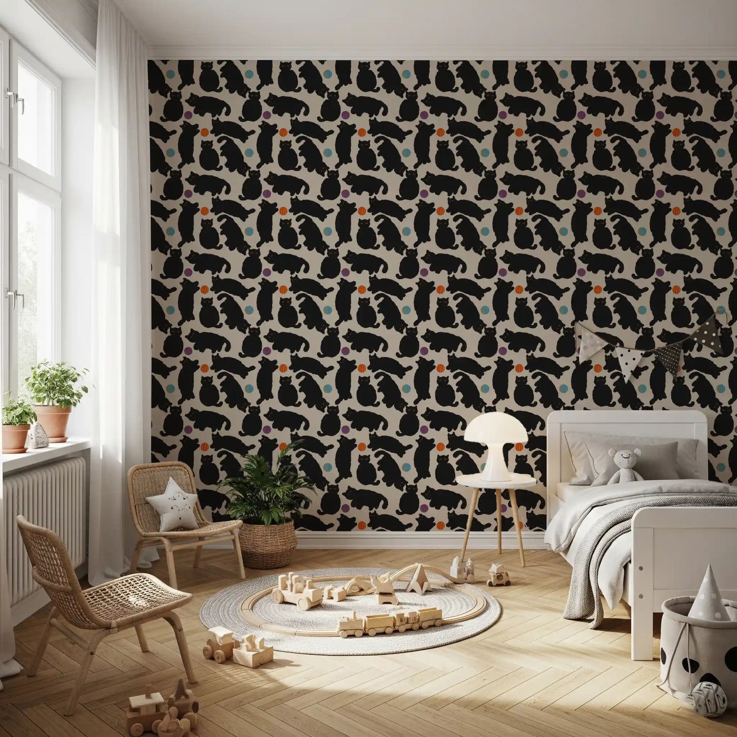 Playful Black Cats and Yarn Balls Wallpaper