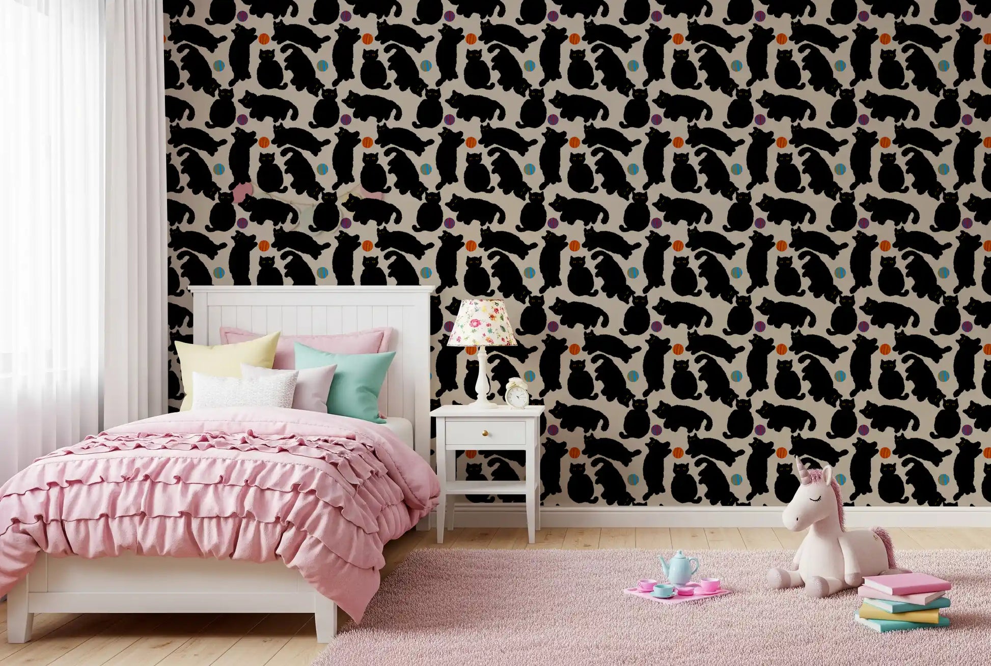 Playful Black Cats and Yarn Balls Wallpaper