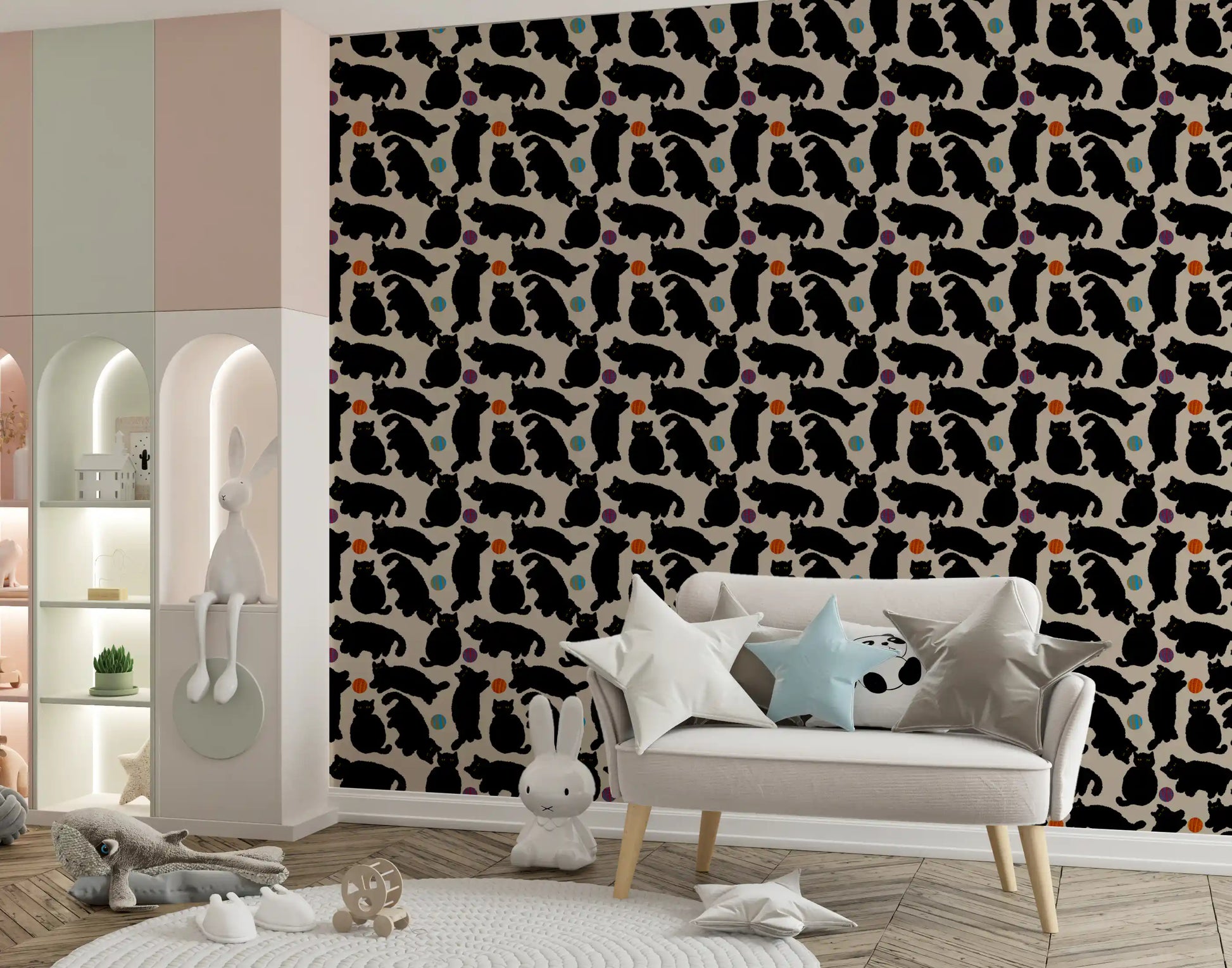 Playful Black Cats and Yarn Balls Wallpaper