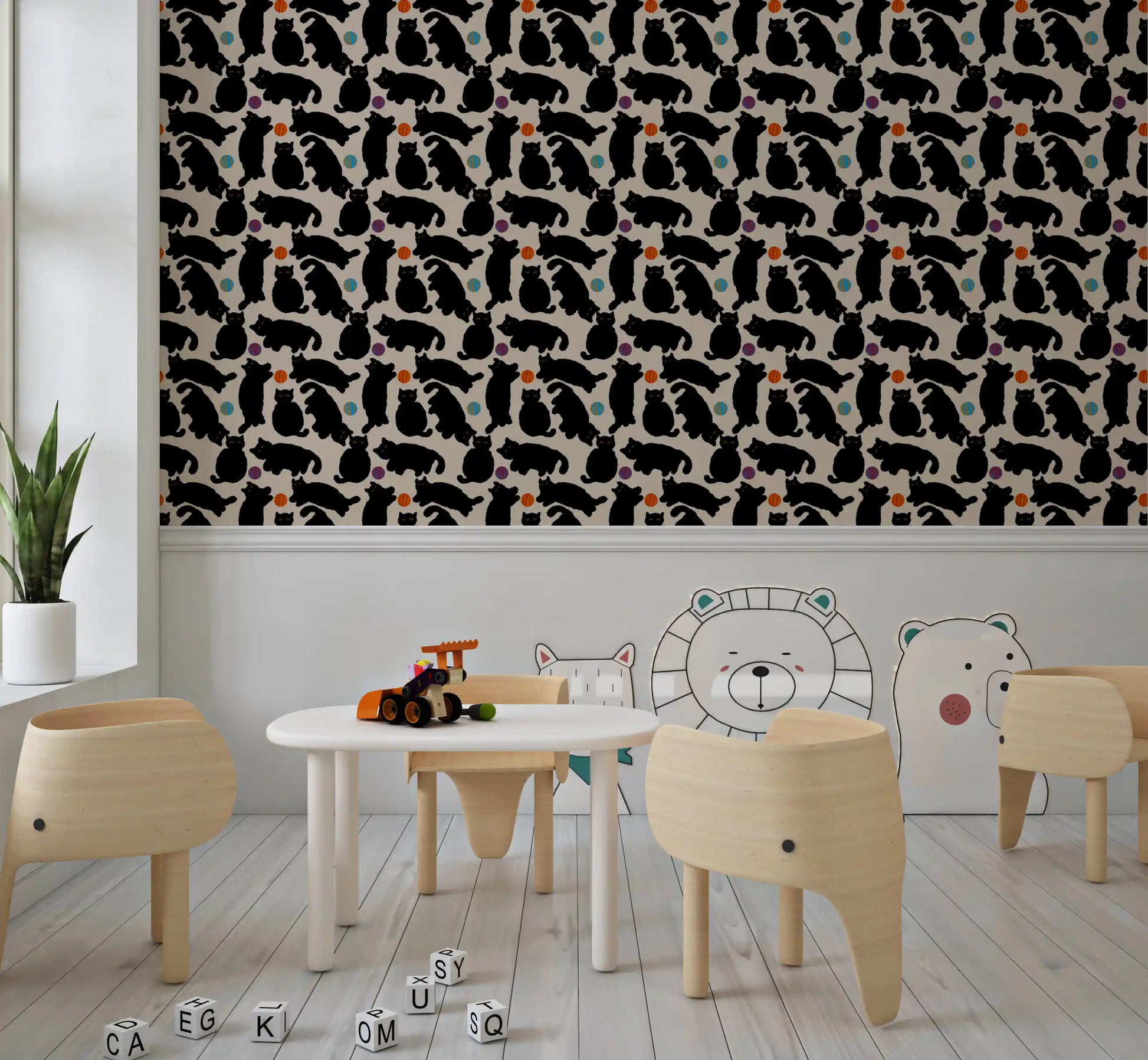 Playful Black Cats and Yarn Balls Wallpaper