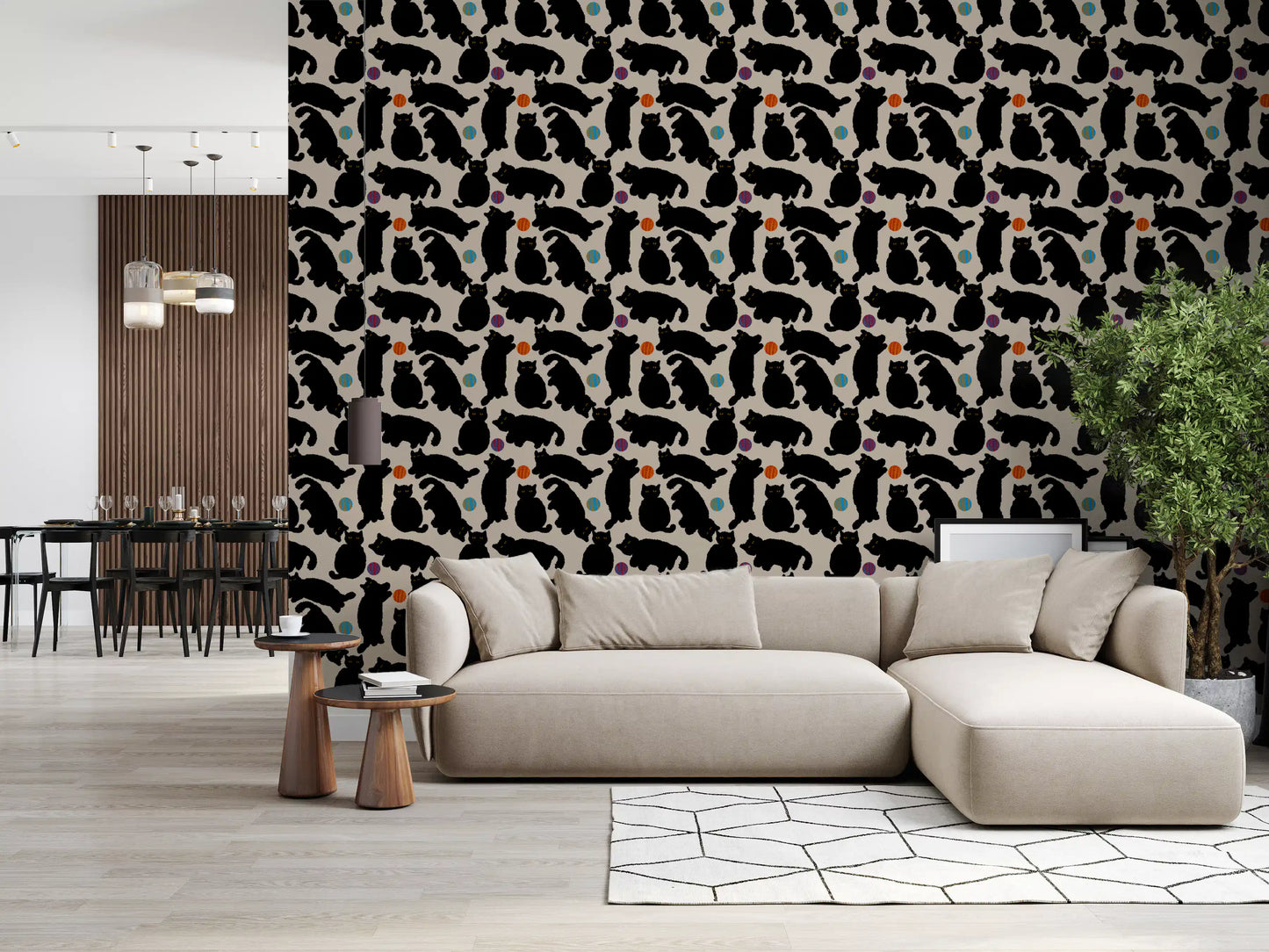Playful Black Cats and Yarn Balls Wallpaper