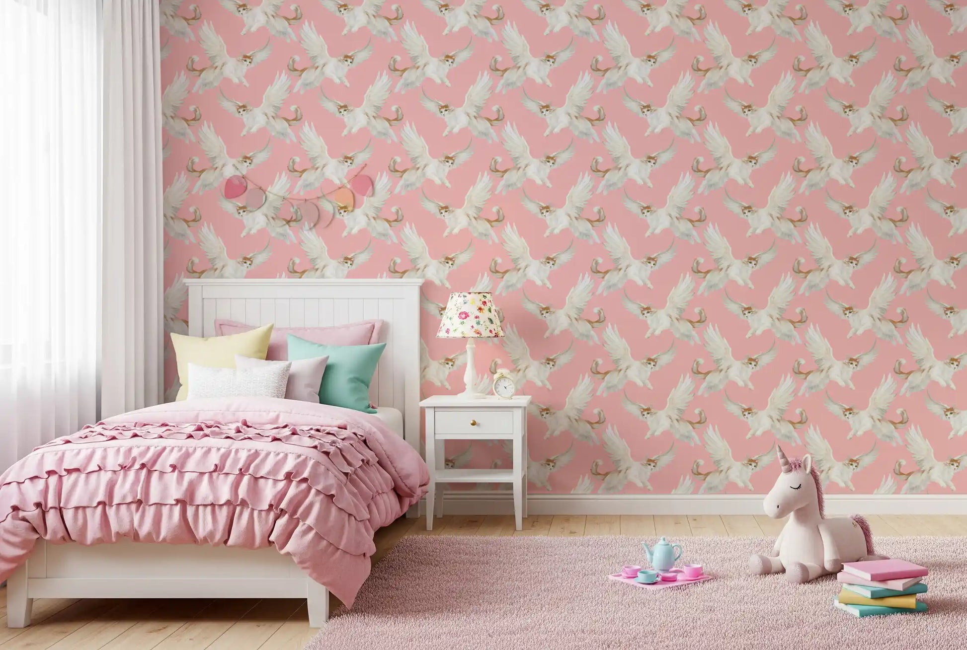 Celestial Flying Felines Pink Wallpaper