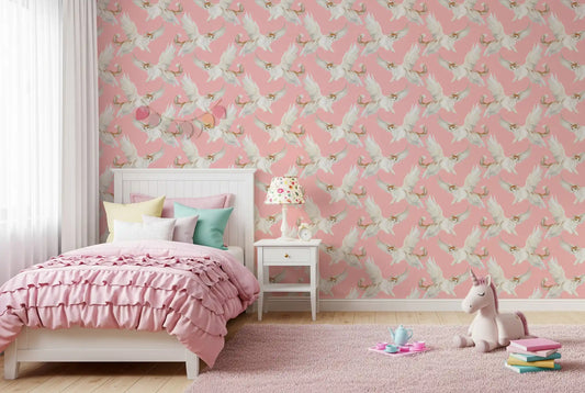 Girls bedroom with celestial flying felines wallpaper in soft pink palette.