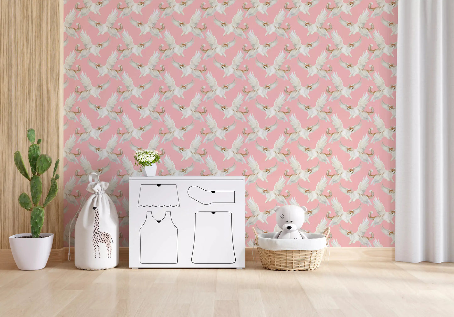 Celestial Flying Felines Pink Wallpaper