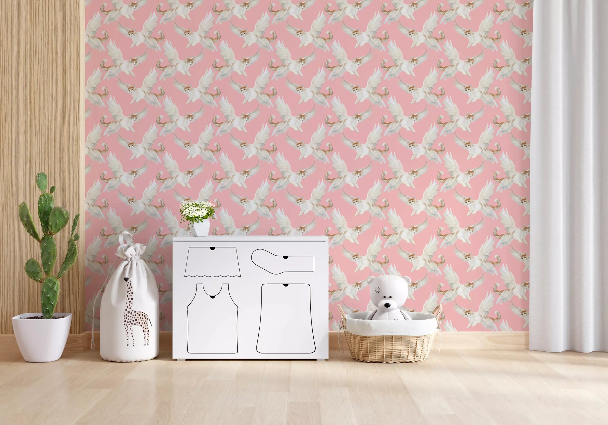 Celestial Flying Felines Pink Wallpaper