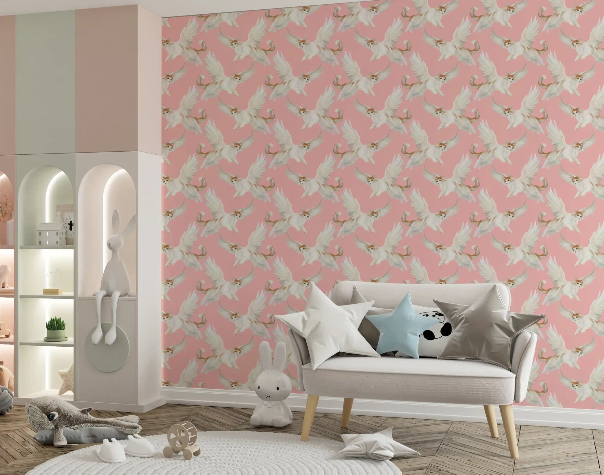 Celestial Flying Felines Pink Wallpaper