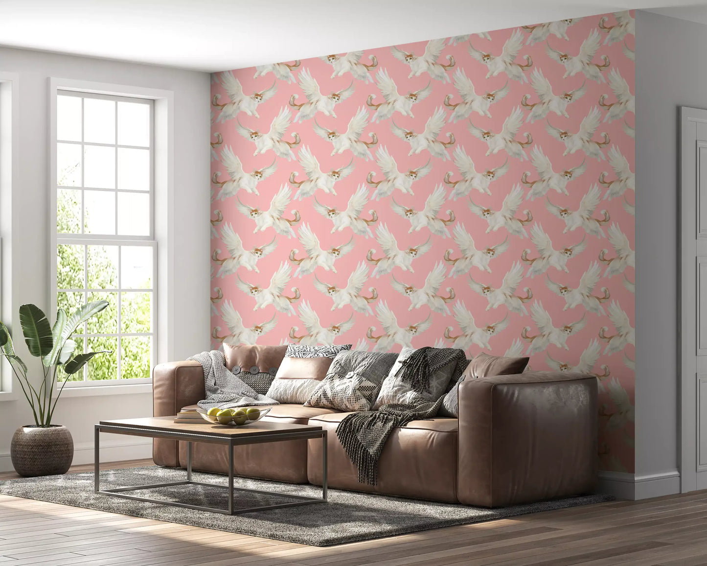 Celestial Flying Felines Pink Wallpaper