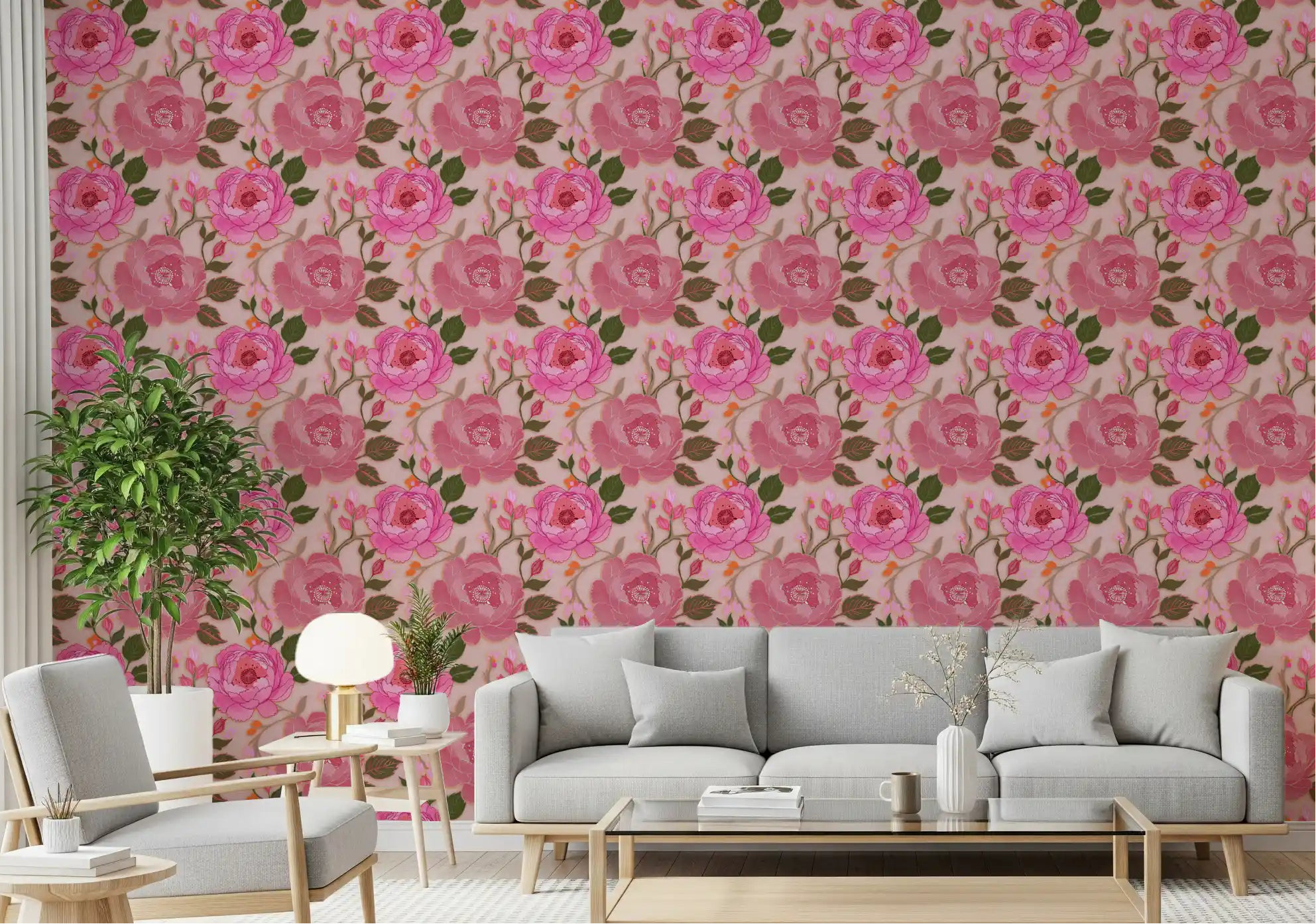 Living room with large pink peony floral wallpaper on blush background.