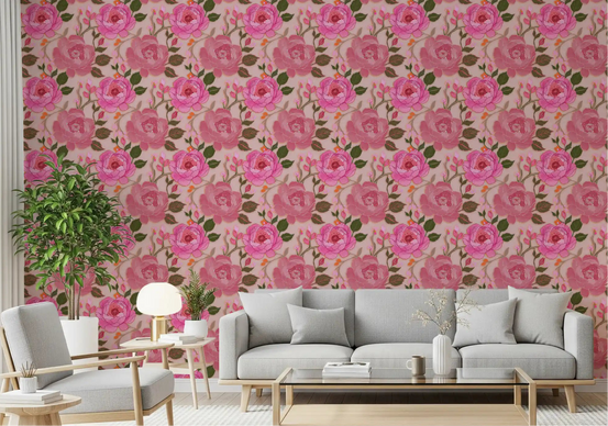 Living room with large pink peony floral wallpaper on blush background., GD10669