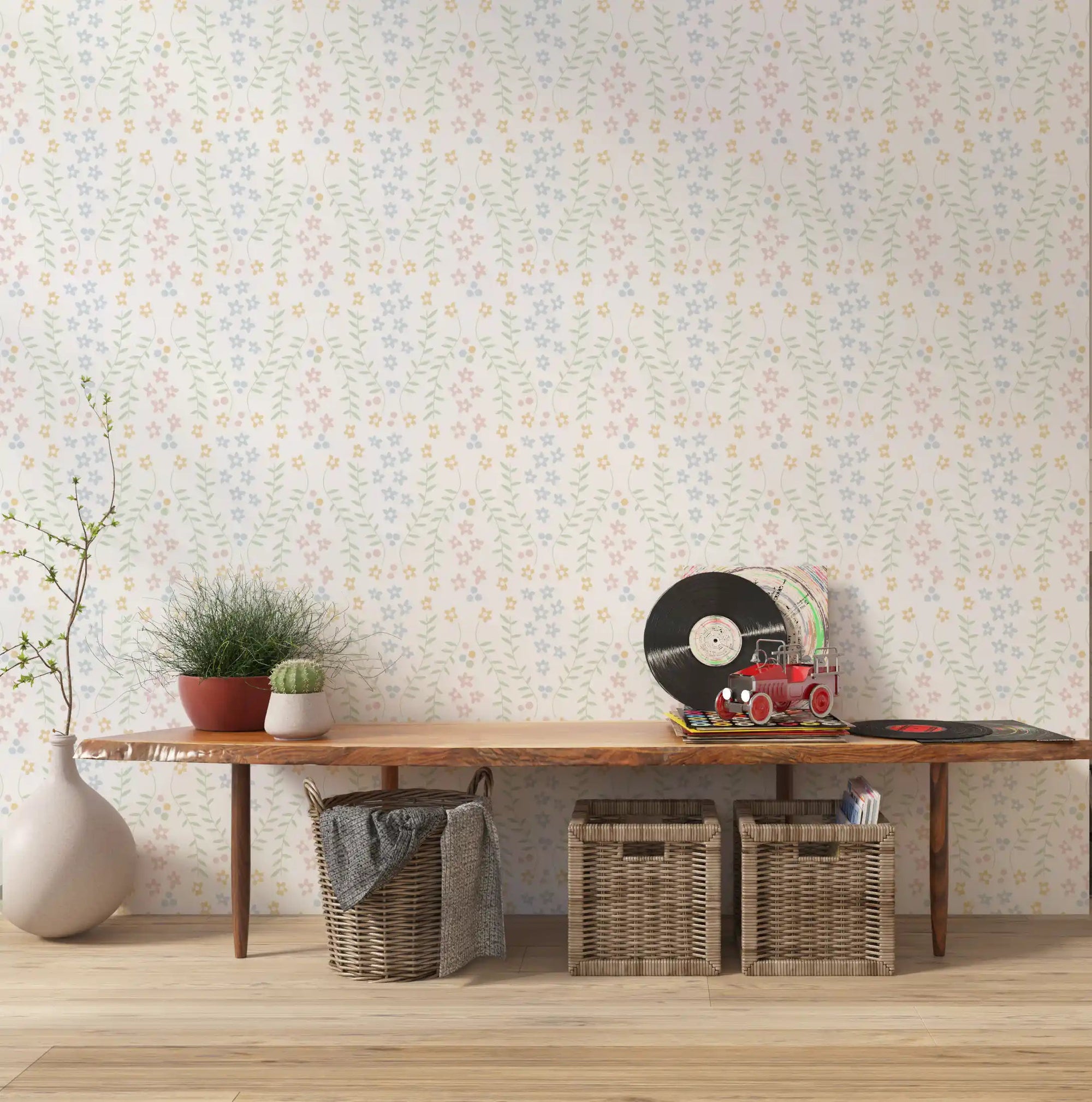 Scandinavian flower pattern wallpaper shown on a hallway accent wall., GD10670