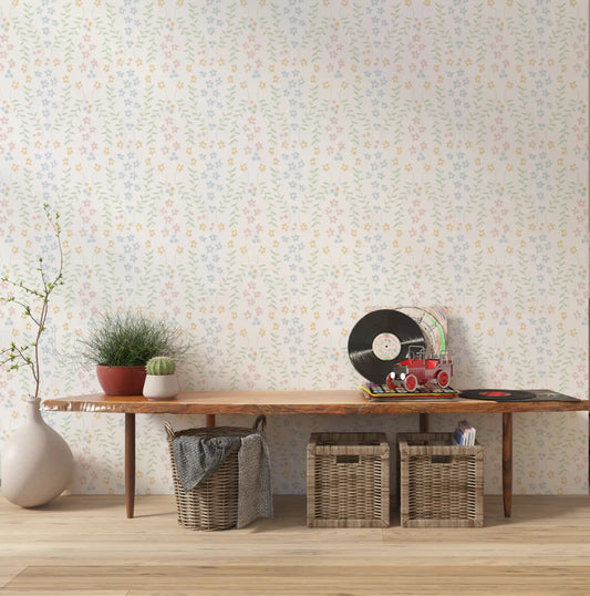 Scandinavian flower pattern wallpaper shown on a hallway accent wall.
