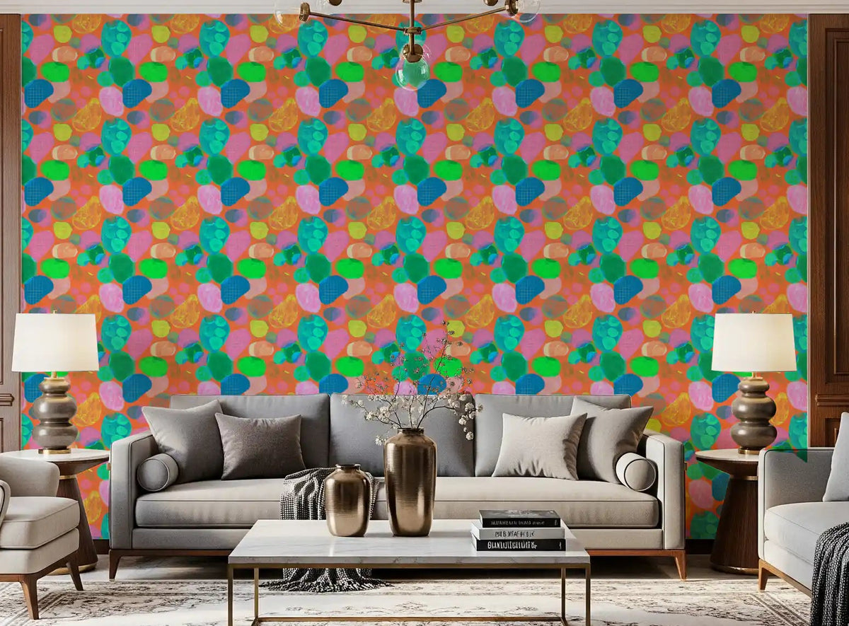 Retro pop pebble pattern wallpaper shown in a living room setting., GD10671
