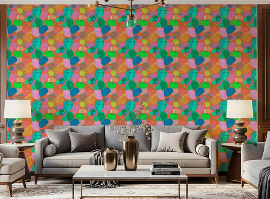 Retro pop pebble pattern wallpaper shown in a living room setting.