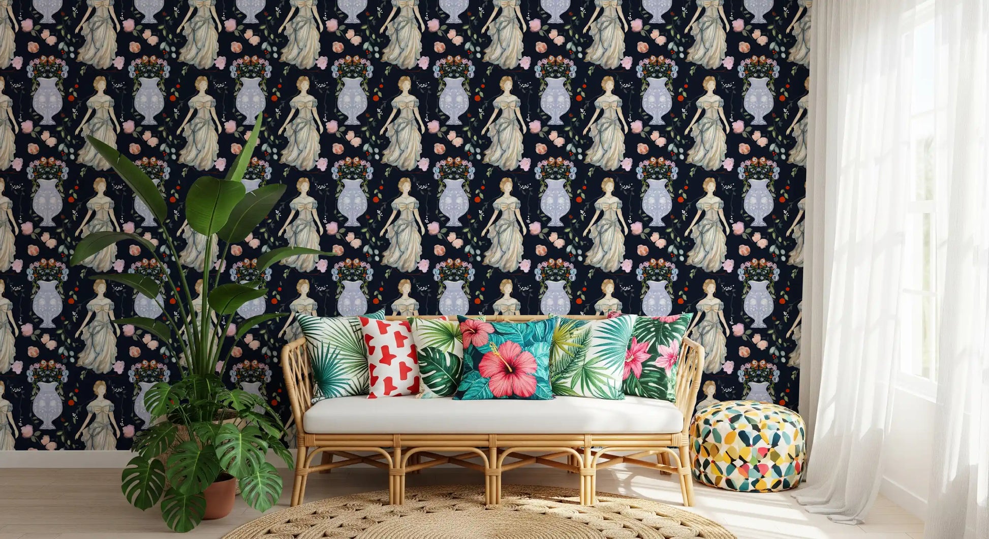 Vintage Elegance Renaissance Gown Floral Wallpaper