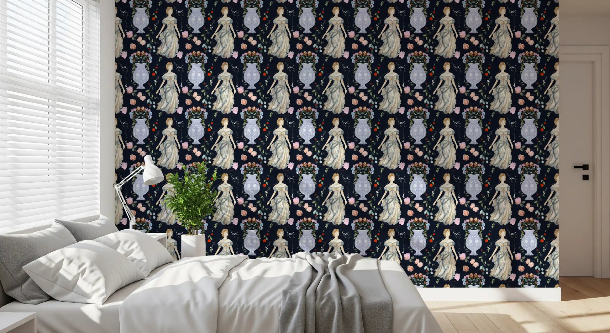 Vintage Elegance Renaissance Gown Floral Wallpaper