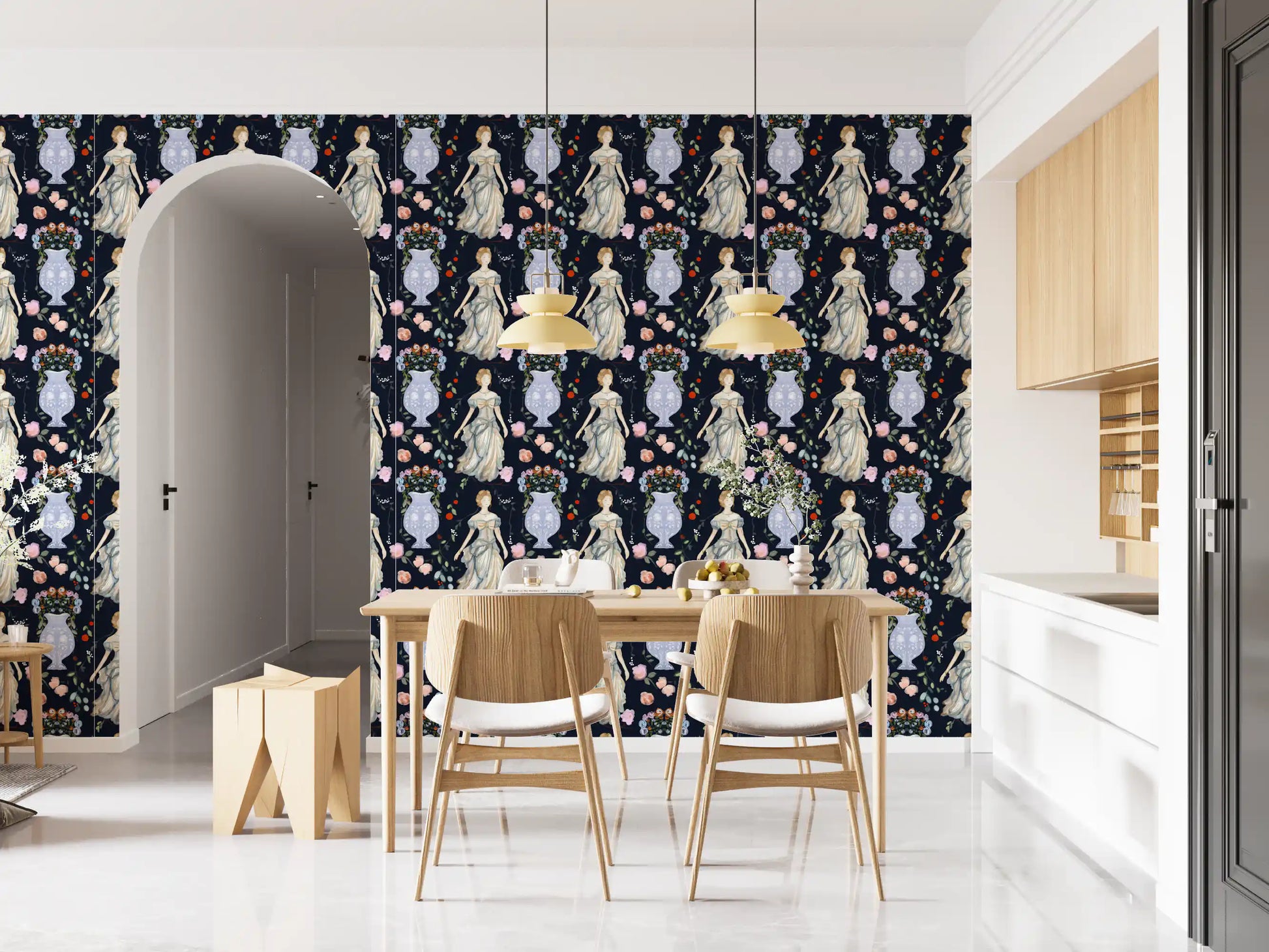 Vintage Elegance Renaissance Gown Floral Wallpaper