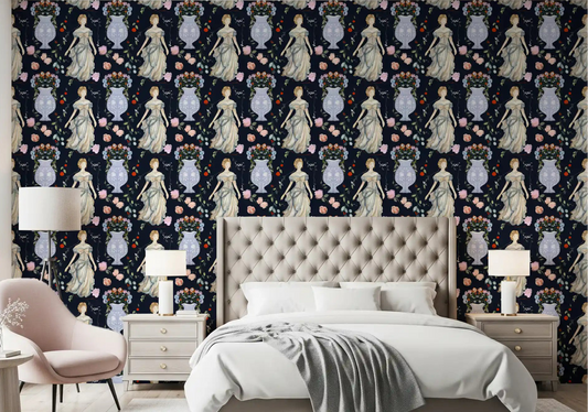 Renaissance gown pattern wallpaper shown on a period-inspired bedroom accent wall