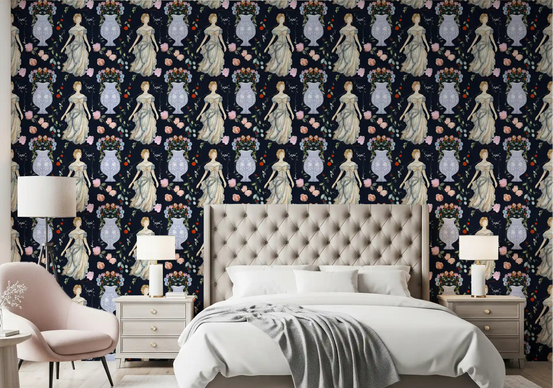 Renaissance gown pattern wallpaper shown on a period-inspired bedroom accent wall, GD10672