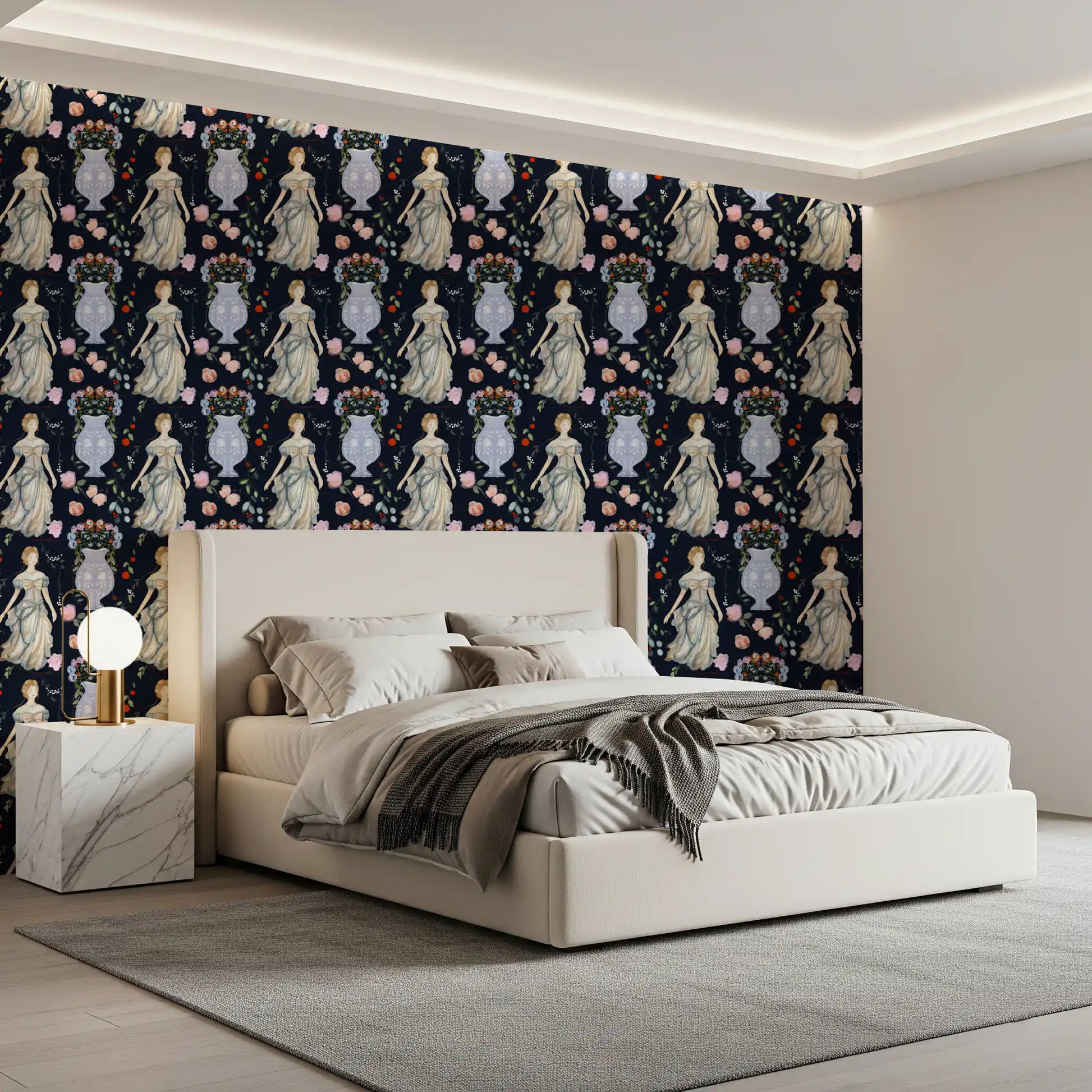 Vintage Elegance Renaissance Gown Floral Wallpaper
