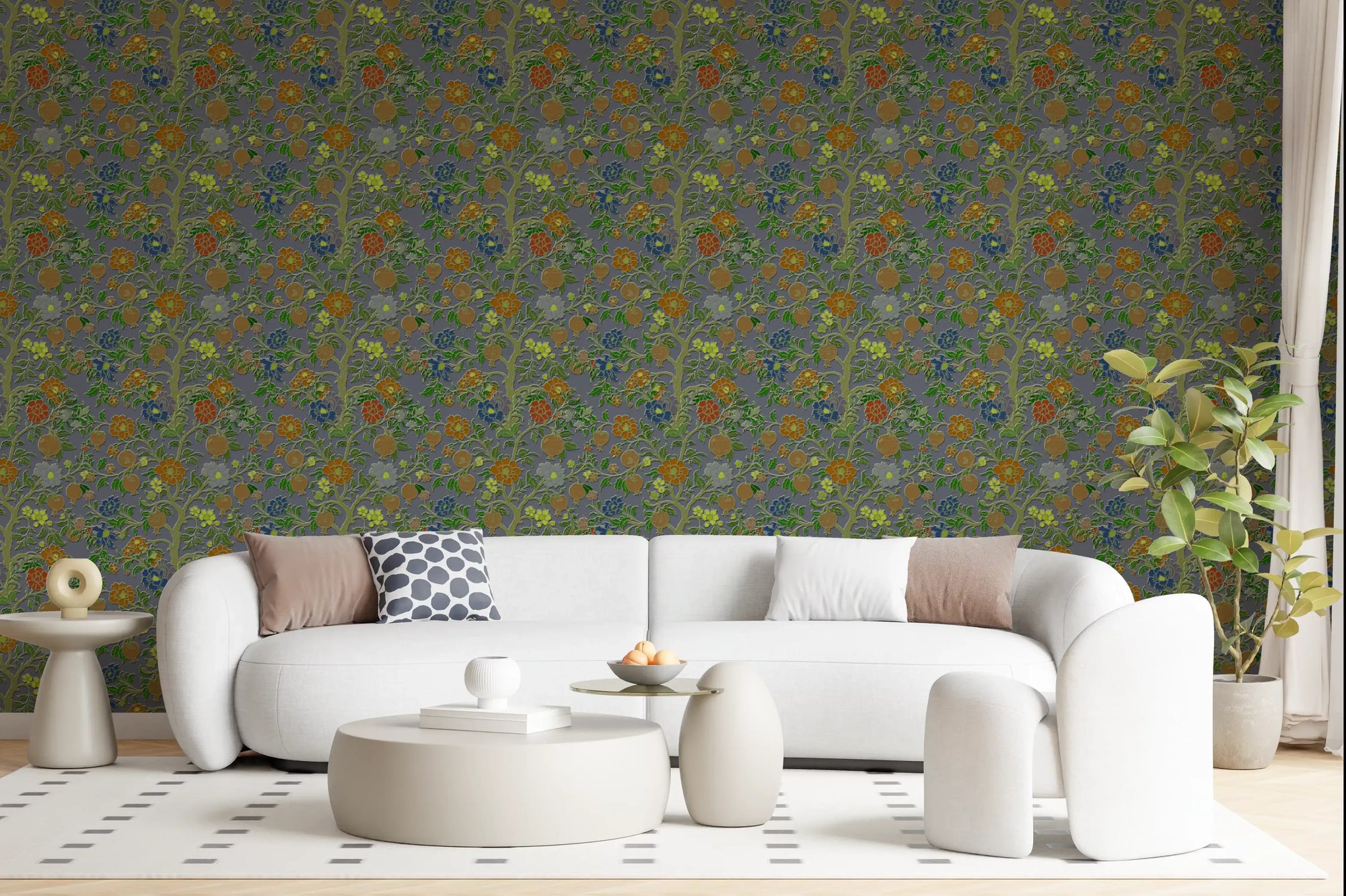 Vintage chinoiserie pomegranate wallpaper displayed in a formal living room., GD10673